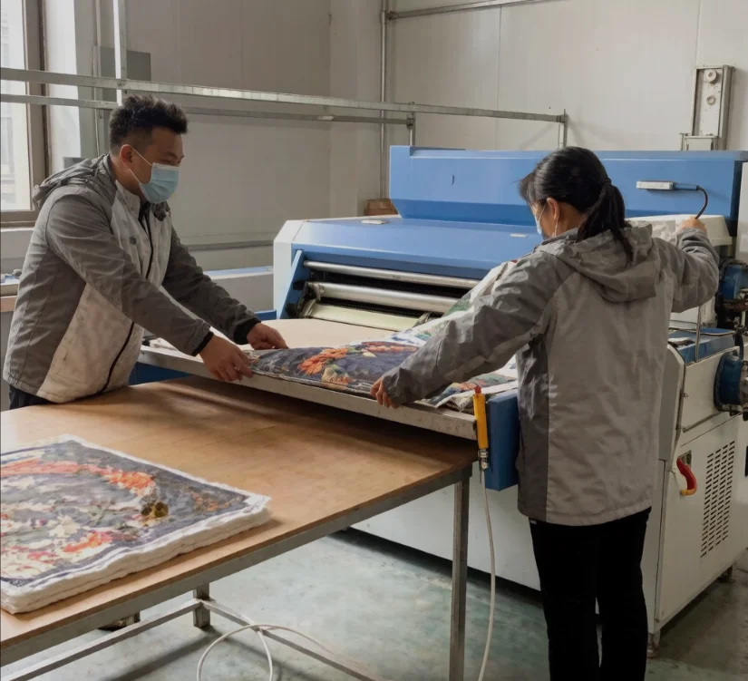 Two workers feeding a printed artwork through a finishing machine