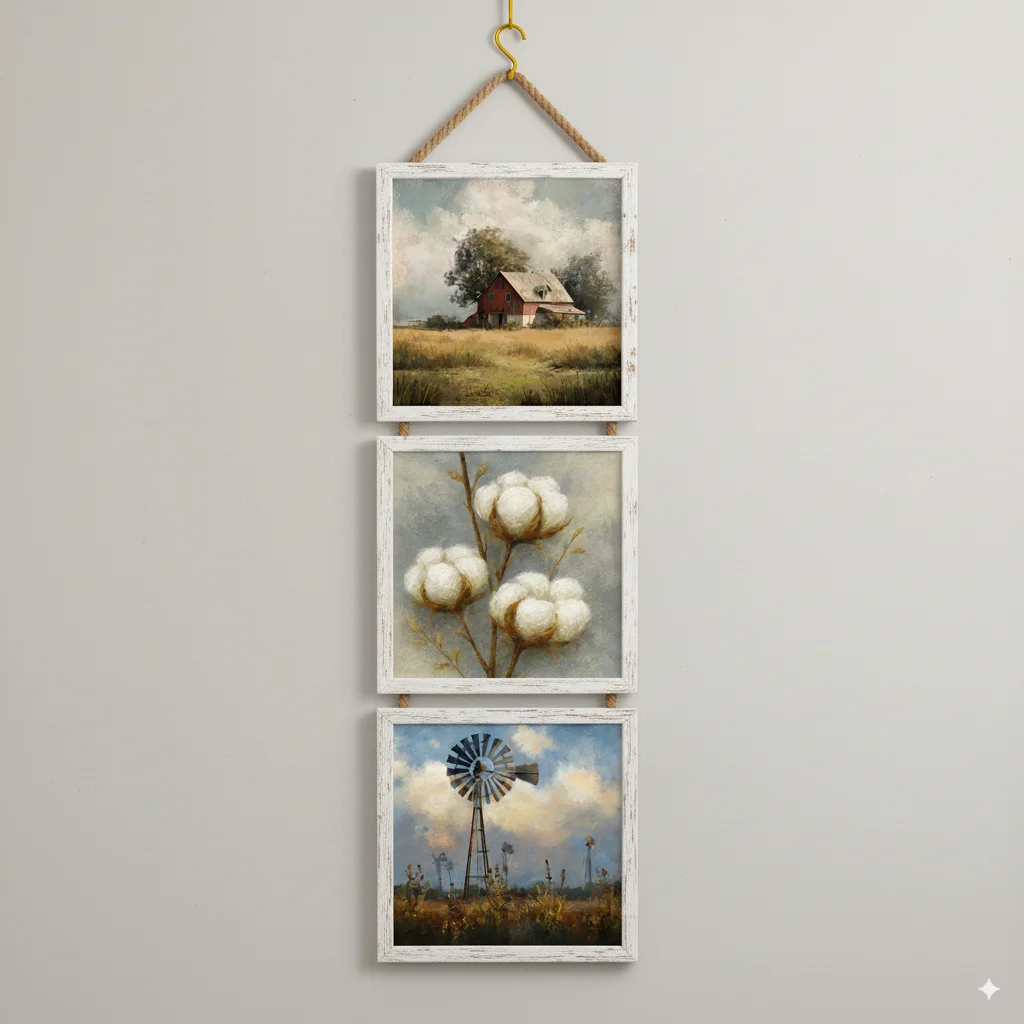 Rustic Farmhouse Cotton & Windmill Triptych